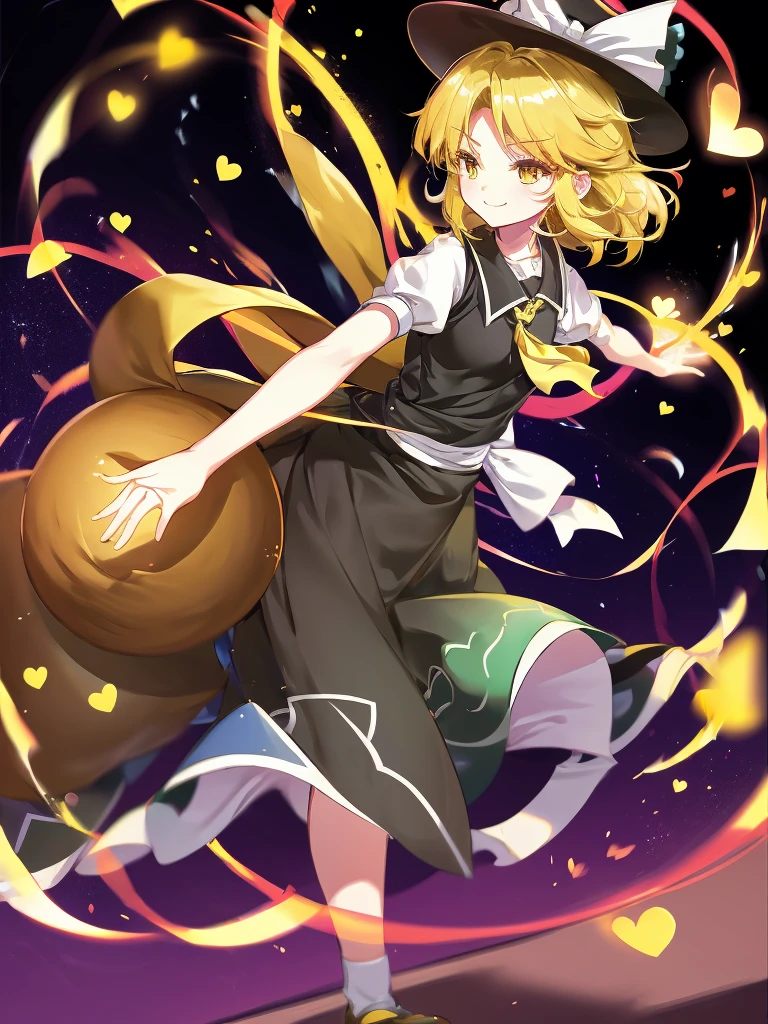 1girl, , , masterpiece, best quality, 10 years old, medium blonde hair, forehead visible bags, yellow eyes, hat, heart, black headwear, puffy short sleeves, log black skirt, heart hads,,1girl, solo, yellow eyes, yellow hair, bow, hat bow, socks, black footwear, black skirt, short sleeves, yuki (touhou), black vest, white sleeves, frill skirt, light smile