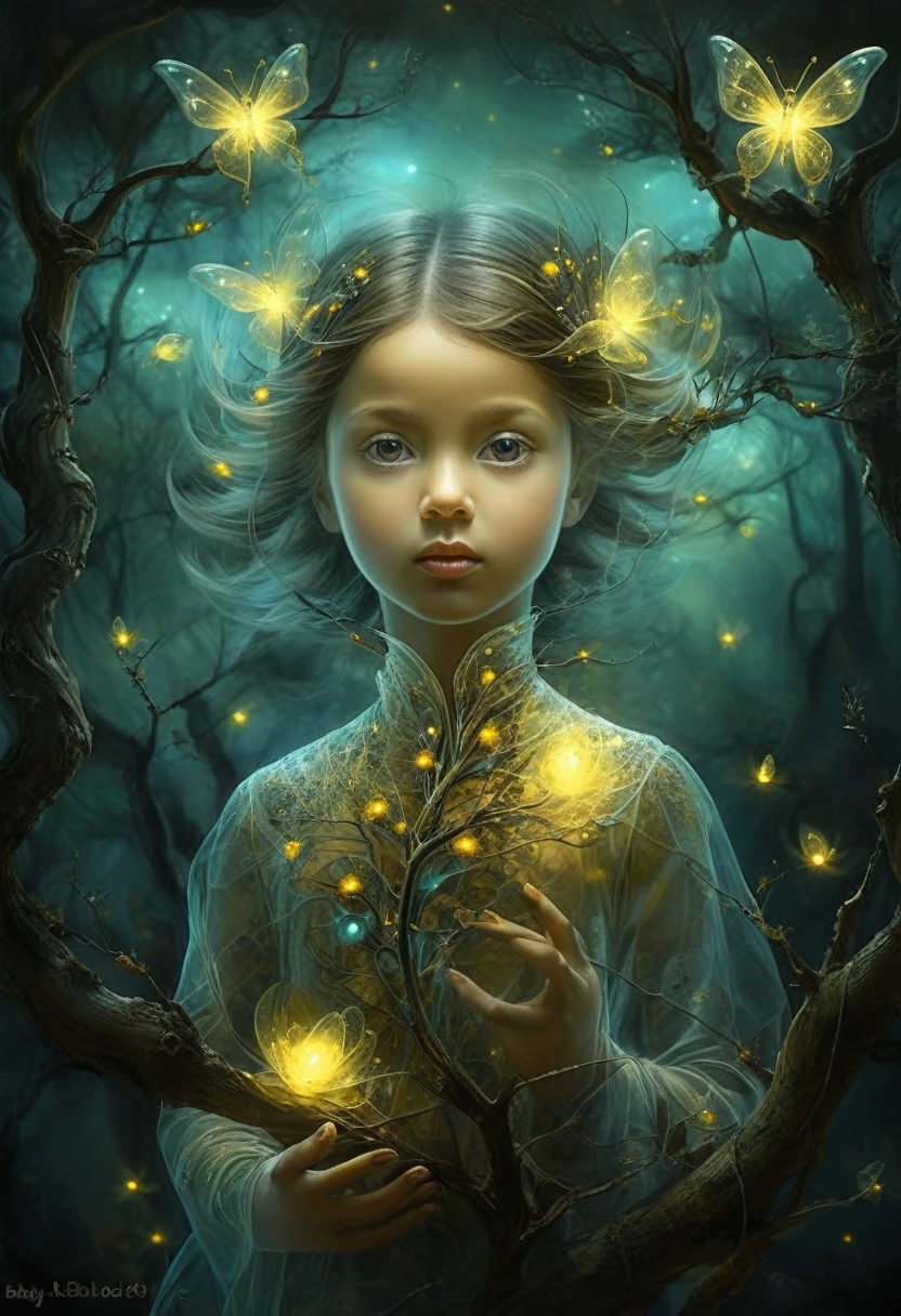 树枝和萤火虫间的精灵，作者：小女孩, 三多艺术, 分形艺术, (((超现实主义))), (风格-玻璃)