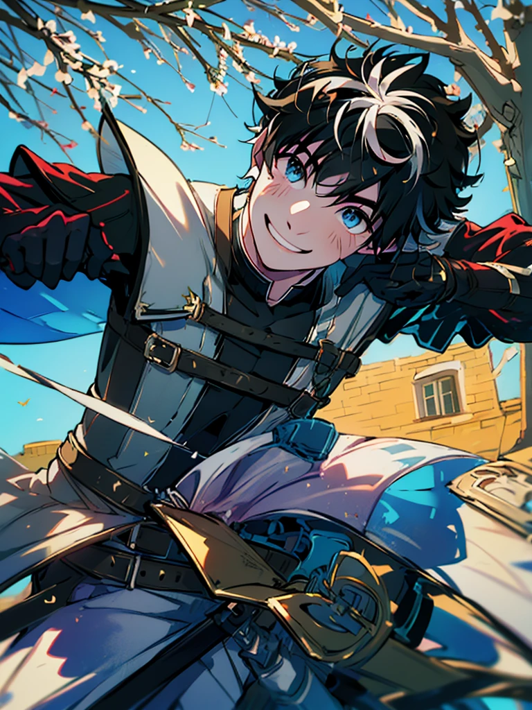 ((absurdres)), hd, uhd, (((HDR))), ((best quality)), (ultra high quality), (hi-res), (cowboy shot), (from above), ((1boy)), charlemagne, black hair, blue eyes, multicolored hair, two-tone hair, ((happy expression)), (smiling), cute, looking at camera, ((sitting turned sideways)), wall, stairs, ((head tilted towards camera)), (dynamic), medieval city, outside, medieval buildings, cobblestone sidewalk, daytime, additional lighting, sunlight on face, noon, bright sun, medieval city scenery, birds, 