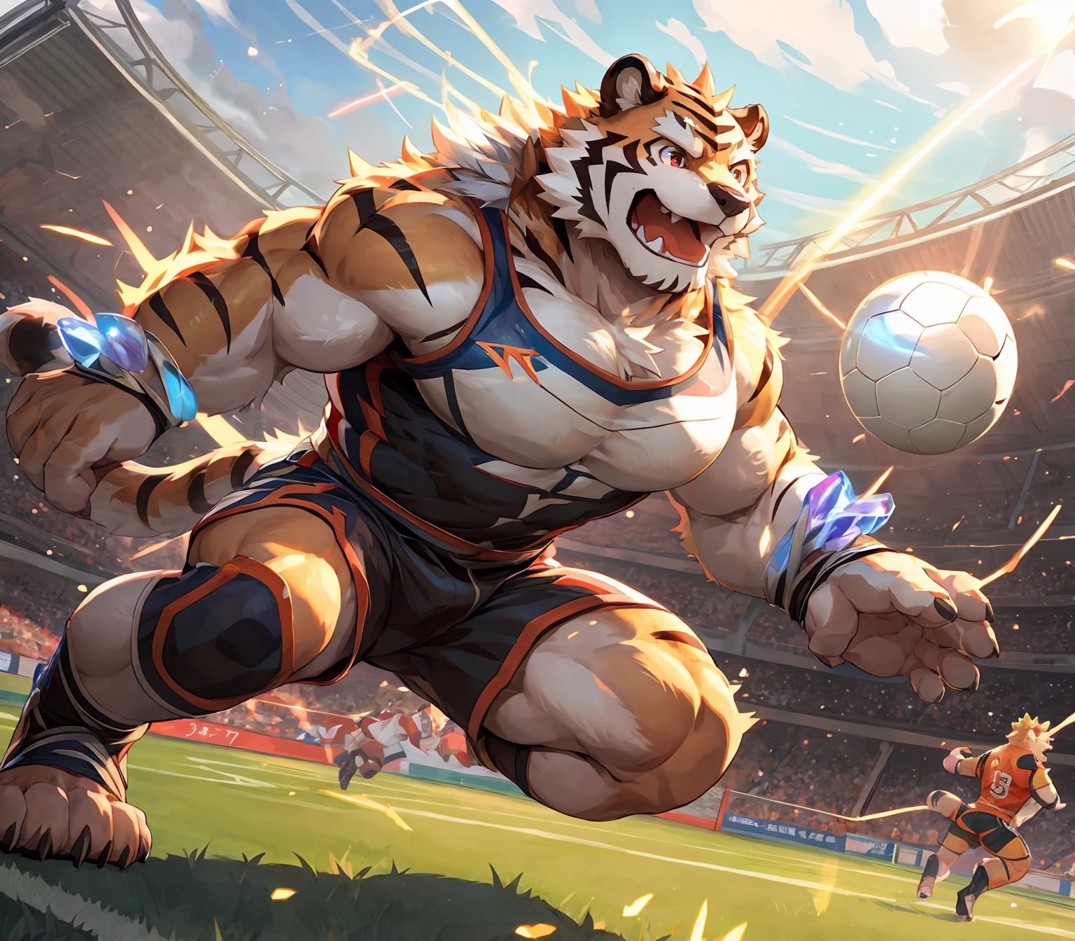 a muscular male white tiger with fluffy fur, extremely detailed eyes and face, playing soccer on a sports field, wearing athletic clothes, happy expression, rainbow sparks, glowing orbs, high quality, detailed, japanese anime style, by null-ghost, through pino de aenean