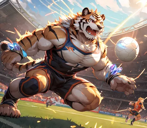 a muscular male white tiger with fluffy fur, extremely detailed eyes and face, playing soccer on a sports field, wearing athleti...