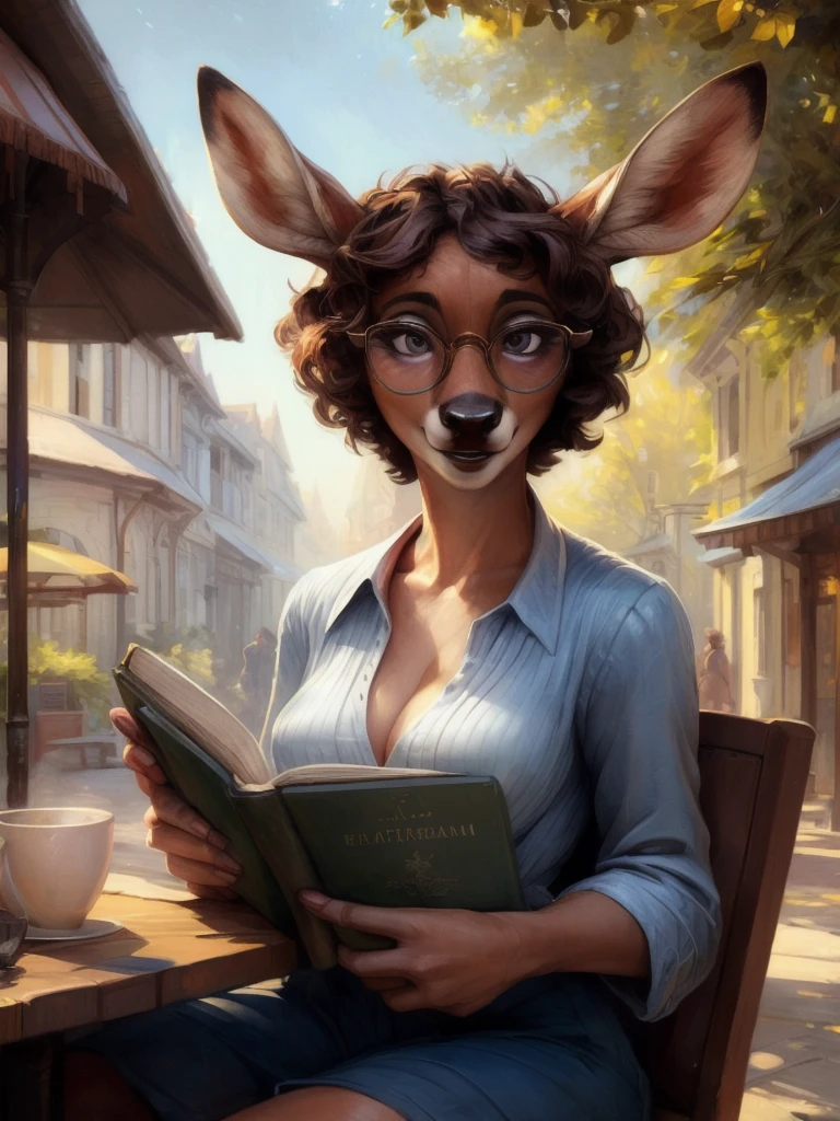 uploaded on e621, by Pixelsketcher, by Bayard Wu, by Thomas Benjamin Kennington , by Einshelm, by hioshiru and kenket, Chunie, portrait, solo anthro female deer doe, tiny featureless breasts, tiny breasts, clear dark blue, cinematic lighting, day, sunny day, sitting outside at a café, Cafe Background, french background, old french background, shiny, short curly dark brown hair, short hair, wears big black nerd glasses, very very beautiful furry art, furry art, thoughtful, shiny, feminine, cute face, muzzle, fluffy chest, flawless face, Fallow deer, 1girl, Sakimichan is beautiful, Masterpiece, Wavethesallow Face, shiny, Detailed image, portrait, Detailed image, portrait, wears pure white wide, big blouse, wears beige summer straw hat, shiny, realistic face, perfect anatomy, hourglass body, anthropomorphic deer, happy, very happy, small ears, huge black nerd glasses, wide happy eyes, look at viewer, smiles, big smile, holds with both hands a book, hourglass body, (furry body:1.1), anthropomorphic deer, reading a book, small fluffy tail, detailed background, (cute anatomy:1.1)
