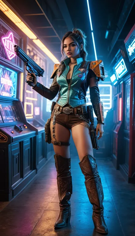 full body portrait, full back view, a woman in a cosmic cowgirl style outfit, space cowboy inspired, holding a laser gun, bounty...