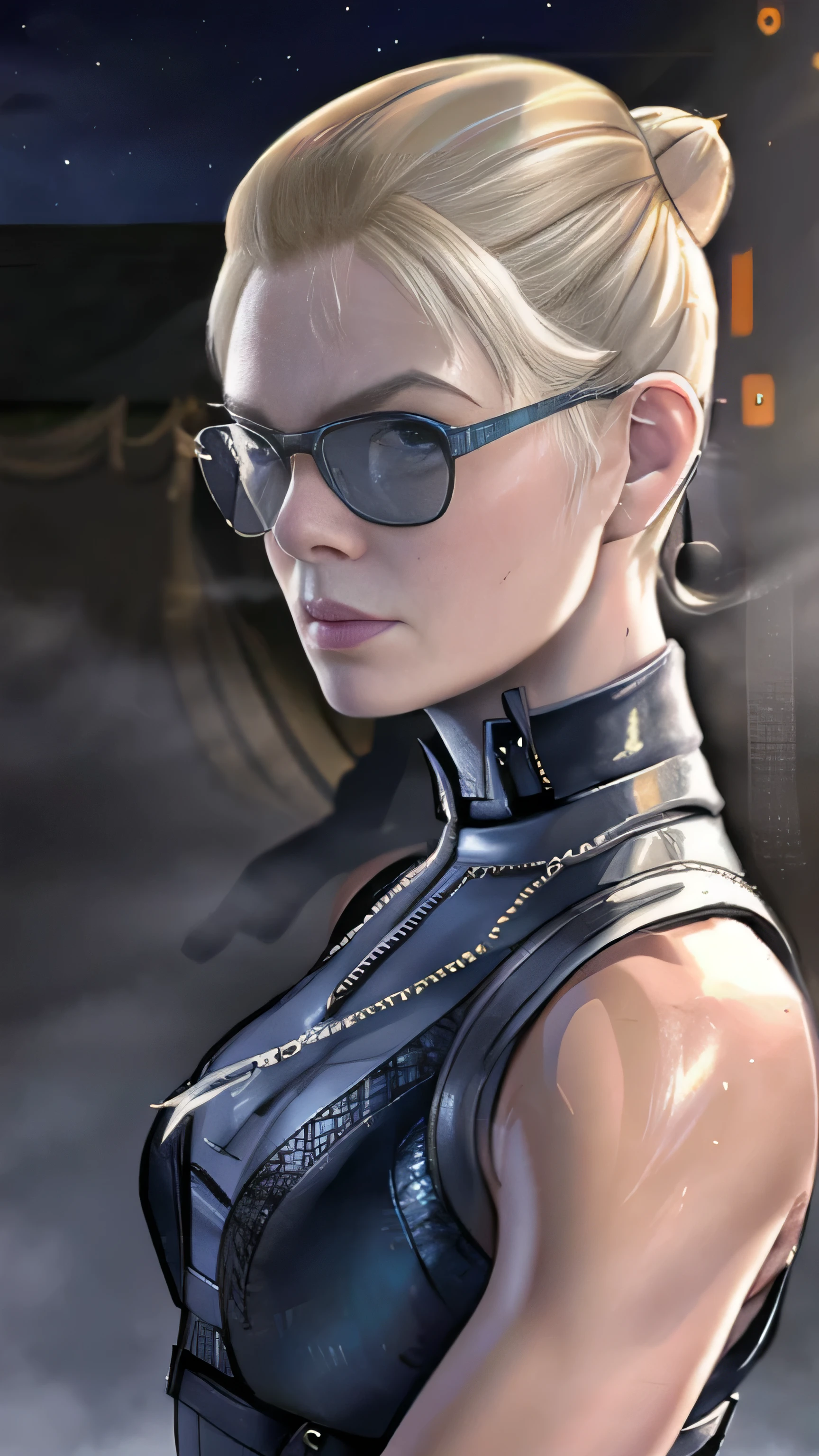 (Elle Fanning) as Cassie Cage from Mortal Kombat, blonde hair, undercut, single hair bun, dog tags, bodysuit, sunglasses, standing, on a rooftop bar at night, standing, 1woman, solo, full body view, front view, looking at viewer, intricate, high detail, sharp focus, dramatic, photorealistic painting art by greg rutkowski