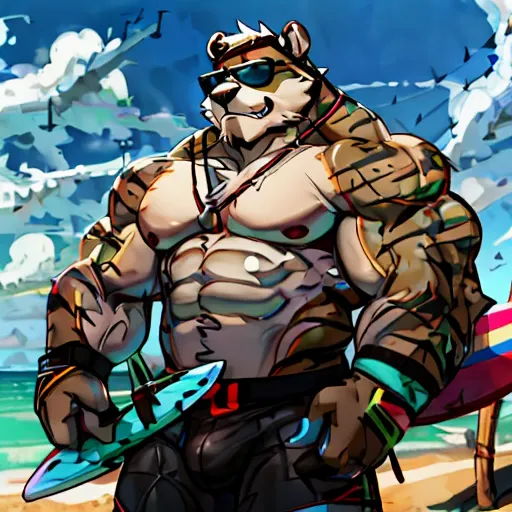 solo, 1boy, huge muscular old grizzly bear wearing sunglasses, pectoral, huge pectoral, wide pectoral, short white hair, black s...