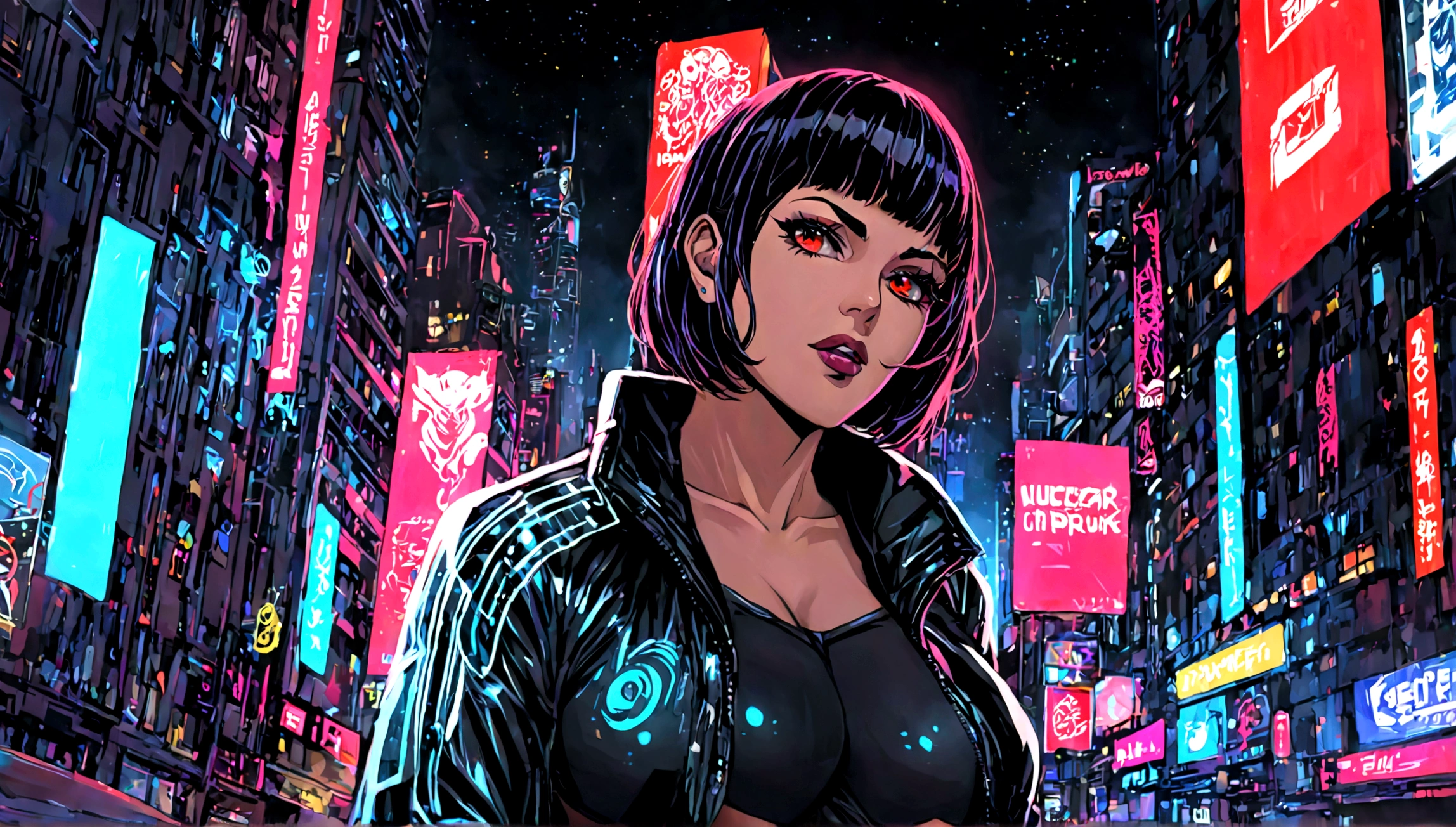 Alison Tyler, perfect body, cyberpunk, Musicians, woman with red hair bob cut, wide angle lens, expressive, look for, laser hologram, White leather jacket, Top of the building, cyberpunk city night, medium bust, pose sexy