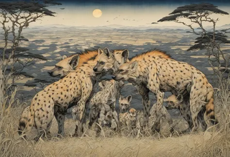 painting of some hyenas with savannah field in the background, by Takato Yamamoto, (highest quality, masterpiece, Representative...
