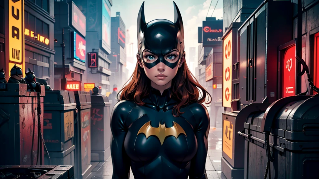work of art, Ultra-fine photo, batgirl mask, best qualityer, ultra high resolution, photorrealistic, night light, full - length portrait, incredibly beautiful, dynamic poses, 精致的面容, vibrant eyes, (lateral view) , ela usa fantasia futurist do Batman, breasts big, neckleace, below the chest, Sitting on top of a building, very detailed background, fundo de cidade a natta, natta, gazing at viewer, 1girl, face detailed, marvelous, highly detailed skin, realistic skin detail, sharp focus, volumetric Fog, 8k hd, dslr, high qualiy, film grain, skin fair, fotorrealism, Lomography, in a dystopian and sprawling future metropolis, viewed from below, translucent, Cyberpunk Background, futurist, Neon lights