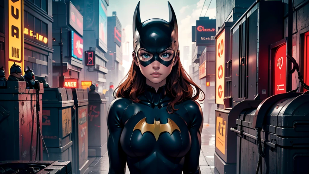 Obra de arte, Foto ultrafina, máscara de batgirl, melhor qualidade, resolução ultra-alta, Fotorrealista, luz noturna, retrato de corpo inteiro, inacreditavelmente lindo, poses dinâmicas, rosto delicado, olhos vibrantes, (vista lateral) , ela usa fantasia futurista do Batman, seios grandes, decote, abaixo do peito, sentado no alto de um prédio, fundo muito detalhado, fundo de cidade a noite, noite, olhando para o espectador, 1 garota, rosto detalhado, Maravilhoso, pele altamente detalhada, detalhe de pele realista, foco nitído, volumetric fog, 8k hd, DSLR, alta qualidade, grão de filme, pele clara, fotorrealismo, Lomografia, em uma metrópole futurista distópica e extensa, visto de baixo, translúcido, fundo cyberpunk, futurista, luzes neon