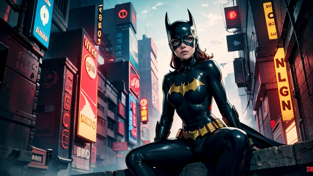 work of art, Ultra-fine photo, batgirl mask, best qualityer, ultra high resolution, photorrealistic, night light, full - length portrait, incredibly beautiful, dynamic poses, 精致的面容, vibrant eyes, (lateral view) , ela usa fantasia futurist do Batman, breasts big, neckleace, below the chest, Sitting on top of a building, very detailed background, fundo de cidade a natta, natta, gazing at viewer, 1girl, face detailed, marvelous, highly detailed skin, realistic skin detail, sharp focus, volumetric Fog, 8k hd, dslr, high qualiy, film grain, skin fair, fotorrealism, Lomography, in a dystopian and sprawling future metropolis, viewed from below, translucent, Cyberpunk Background, futurist, Neon lights