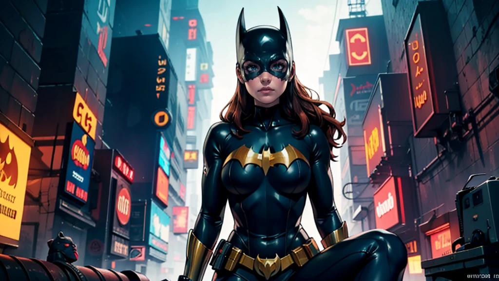 work of art, Ultra-fine photo, batgirl mask, best qualityer, ultra high resolution, photorrealistic, lighting sun, full - length portrait, incredibly beautiful, dynamic poses, 精致的面容, vibrant eyes, (lateral view) , ela usa fantasia futurist do Batman, breasts big, neckleace, below the chest, Sitting on top of a building, very detailed background, night city background, gazing at viewer, 1girl, face detailed, marvelous, highly detailed skin, realistic skin detail, sharp focus, volumetric Fog, 8k hd, dslr, high qualiy, film grain, skin fair, fotorrealism, Lomography, in a dystopian and sprawling future metropolis, viewed from below, translucent, Cyberpunk Background, futurist, Neon lights, cyberpunk, system wave