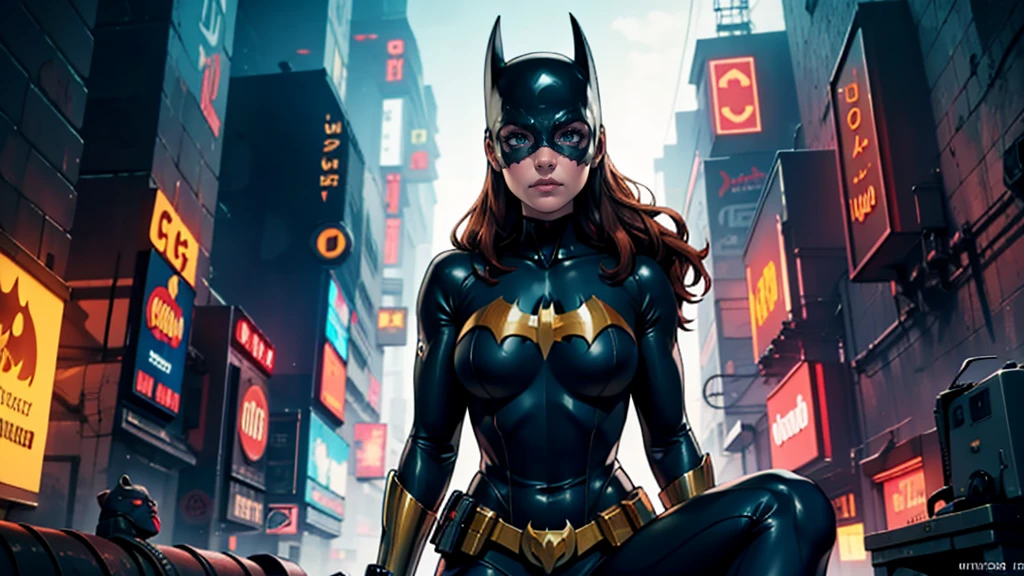 Obra de arte, Foto ultrafina, máscara de batgirl, melhor qualidade, resolução ultra-alta, Fotorrealista, luz solar, retrato de corpo inteiro, inacreditavelmente lindo, poses dinâmicas, rosto delicado, olhos vibrantes, (vista lateral) , ela usa fantasia futurista do Batman, seios grandes, decote, abaixo do peito, sentado no alto de um prédio, fundo muito detalhado, fundo de cidade a noite, olhando para o espectador, 1 garota, rosto detalhado, Maravilhoso, pele altamente detalhada, detalhe de pele realista, foco nitído, volumetric fog, 8k hd, DSLR, alta qualidade, grão de filme, pele clara, fotorrealismo, Lomografia, em uma metrópole futurista distópica e extensa, visto de baixo, translúcido, fundo Ciberpunk, futurista, luzes neon, Ciberpunk, onda do sistema