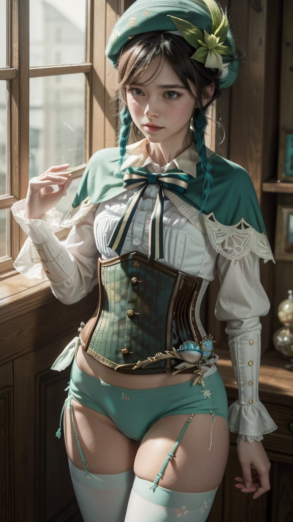 Masterpiece, Best Quality, 1 Girl, Ventidef, Beret, Flower Hat, White Shirt, Lace, Long Sleeves, Ruffled Sleeves, Corset, Cape, (((Green Panties))), See Through, Tight Clothing, White Pantyhose, Jewelry, Brooch, Bar, Blushing, Skinny, Cameltoe, 