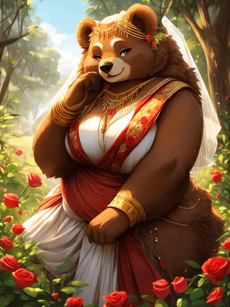 female, brown bear, goddess, fat, chubby, large breasts, cleavage, wide hips, huge hips, skimpy white toga, wedding veil, moutains, grassy fields with forest in the distance, blue sky, fluffy clouds, roses, golden glow, rose petals, seductive expression, high quality eyes, high resolution, visually stunning, detailed hands, golden laurel crown, presenting pose, boulder with hole, large rock with a small hole