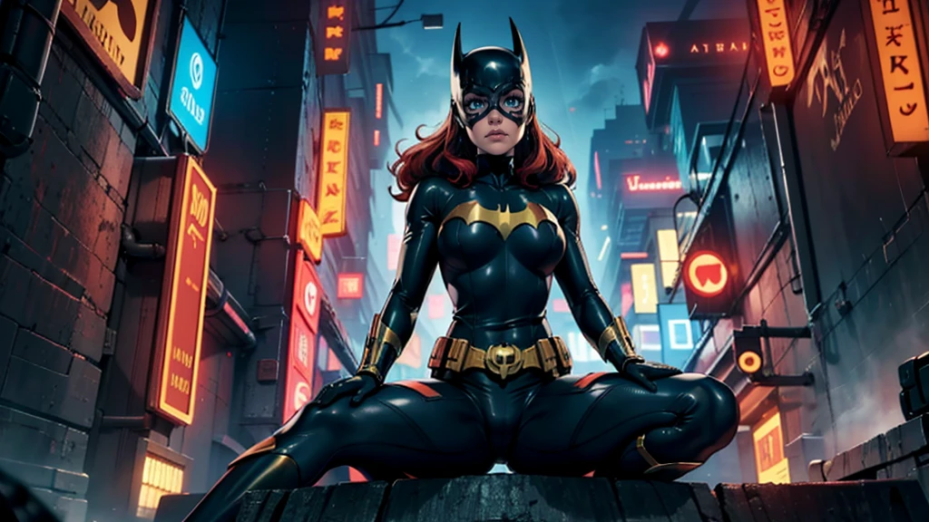 work of art, Ultra-fine photo, batgirl mask, best qualityer, ultra high resolution, photorrealistic, lighting sun, full - length portrait, incredibly beautiful, dynamic poses, 精致的面容, vibrant eyes, (lateral view) , ela usa fantasia futurist do Batman, breasts big, neckleace, below the chest, Sitting on top of a building, very detailed background, night city background, gazing at viewer, 1girl, face detailed, marvelous, highly detailed skin, realistic skin detail, sharp focus, volumetric Fog, 8k hd, dslr, high qualiy, film grain, skin fair, fotorrealism, Lomography, in a dystopian and sprawling future metropolis, viewed from below, translucent, Cyberpunk Background, futurist, Neon lights, cyberpunk, system wave, night city
