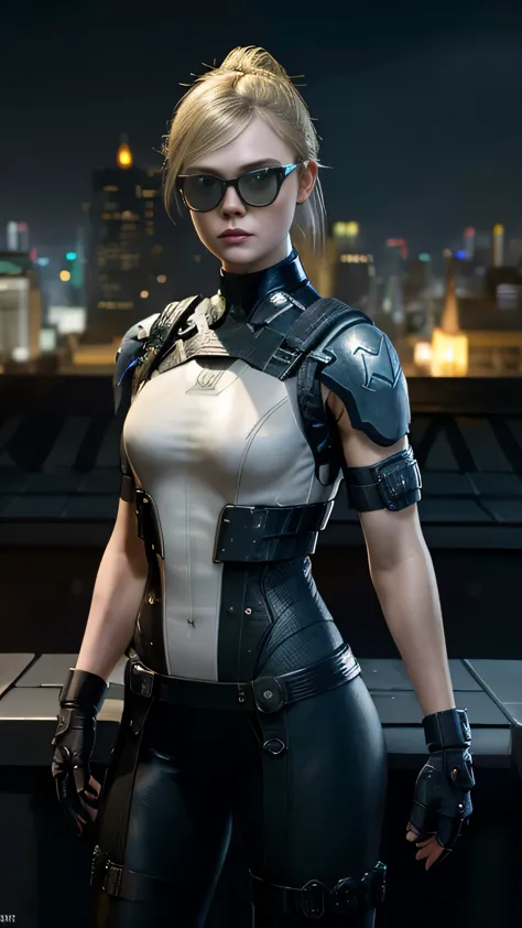 (elle fanning) as cassie cage from mortal kombat, blonde hair, undercut, single hair bun, dog tags, bodysuit, sunglasses, standi...