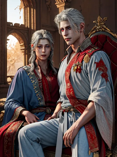 grey-haired, red-eyed the prince sits on a majestic throne inside an abandoned palace. the prince sits on a majestic throne insi...