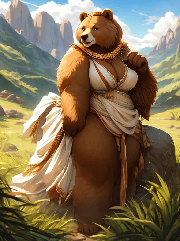 female, brown bear, goddess, fat, chubby, large breasts, cleavage, wide hips, huge hips, skimpy white toga, wedding veil, mountains, grassy fields with forest in the distance, blue sky, fluffy clouds, seductive expression, high quality eyes, high resolution, visually stunning, detailed hands, golden laurel crown, pointing at boulder with hole, large rock with a small hole, ritual stone