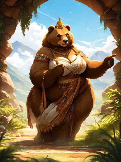female, brown bear, goddess, fat, chubby, large breasts, cleavage, wide hips, huge hips, skimpy white toga, wedding veil, mounta...
