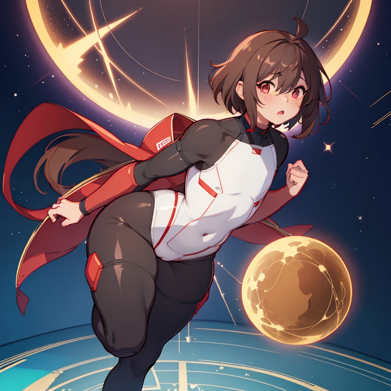 anime boy, crossdresser, 1boy, medium dark brown hair, red eyes, brown skin, wide hips, narrow waist and thick thighs, flustered, brushing, standing in space, flat chest, full body suit, visible bulge, skin tight space green quantum space suit in outer space