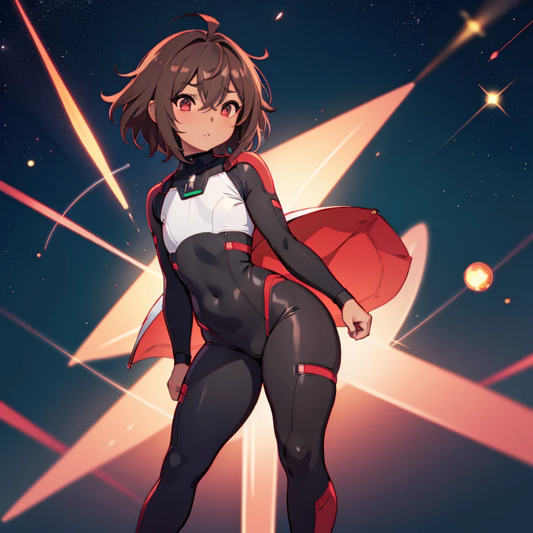 anime boy, crossdresser, 1boy, medium dark brown hair, red eyes, brown skin, wide hips, narrow waist and thick thighs, flustered, brushing, standing in space, flat chest, full body suit, visible bulge, skin tight space green quantum space suit in outer space