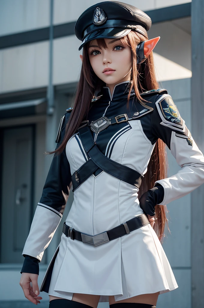 Create a highly detailed 3D rendering of a character named Ulc from SEGA's PSO2. The character is an elf-like female with pointed ears and long, straight, dark red hair. She wears a futuristic, military-style uniform with gray and white colors. (small military garisson cap), The uniform includes a fitted jacket with intricate white designs, shoulder epaulets, and a skirt. She has a serious expression and is depicted with one hand near her ear as if she is communicating through a device.  (shiny skin)