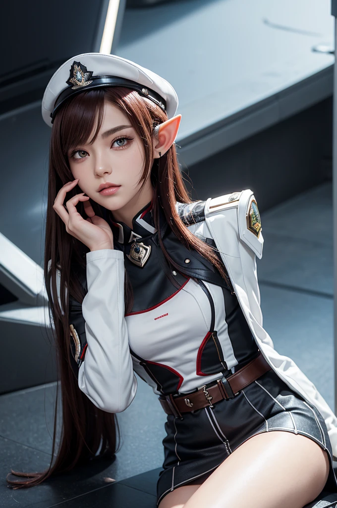 Create a highly detailed 3D rendering of a character named Ulc from SEGA's PSO2. The character is an elf-like female with pointed ears and long, straight, dark red hair. She wears a futuristic, military-style uniform with gray and white colors. (small military garisson cap), The uniform includes a fitted jacket with intricate white designs, shoulder epaulets, and a skirt. She has a serious expression and is depicted with one hand near her ear as if she is communicating through a device.  (shiny skin)