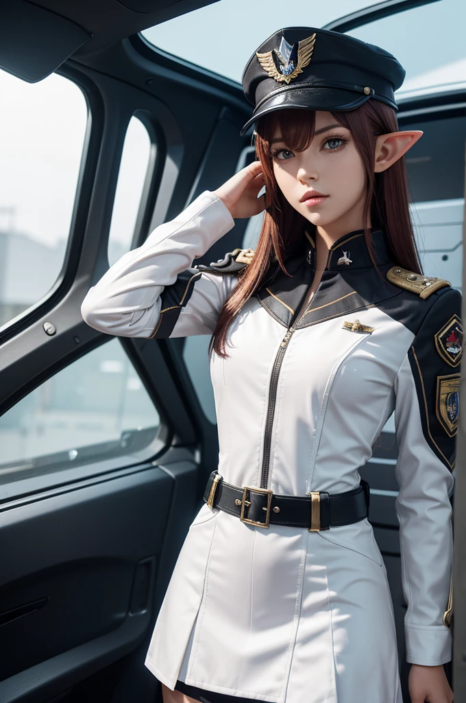 Create a highly detailed 3D rendering of a character named Ulc from SEGA's PSO2. The character is an elf-like female with pointed ears and long, straight, dark red hair. She wears a futuristic, military-style uniform with gray and white colors. (small military garisson cap), The uniform includes a fitted jacket with intricate white designs, shoulder epaulets, and a skirt. She has a serious expression and is depicted with one hand near her ear as if she is communicating through a device.  (shiny skin)