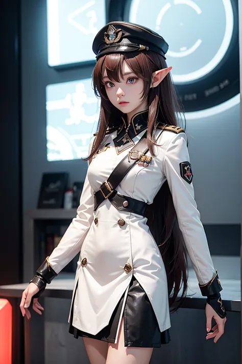 Create a highly detailed 3D rendering of a character named Ulc from SEGA's PSO2. The character is an elf-like female with pointe...