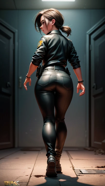 back view, beautiful detailed eyes, beautiful detailed lips, extremely detailed eyes and face, longeyelashes, 1girl, police officer, woman, gun, running, criminal, action, suspense, dynamic pose, dramatic lighting, cinematic, dark mood, gritty, realistic, photorealistic, photo-realistic:1.37, (best quality,4k,8k,highres,masterpiece:1.2),ultra-detailed,(realistic,photorealistic,photo-realistic:1.37),cinematic lighting,dramatic composition,intense expression,high contrast,cinematic framing