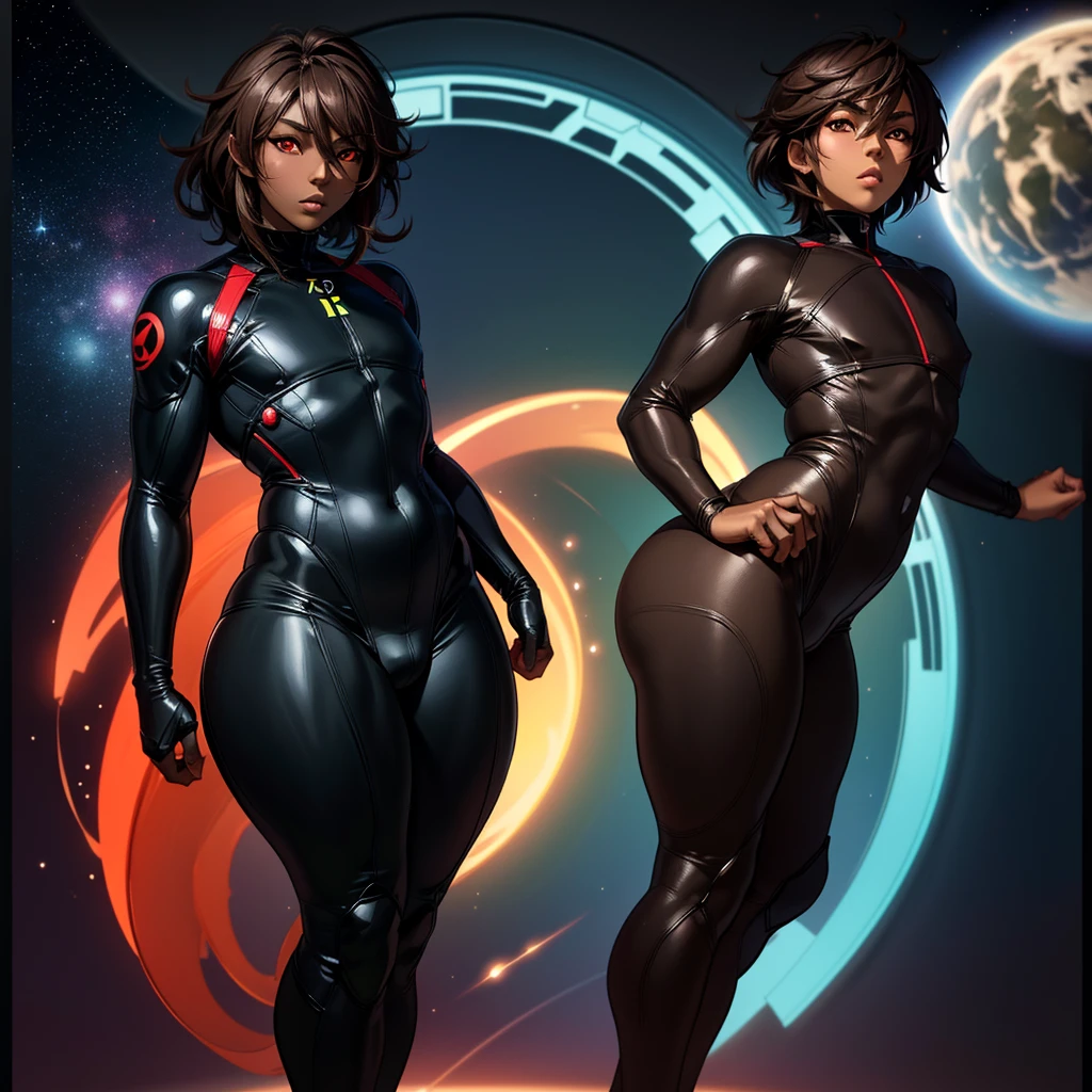 anime boy, crossdresser, 1boy, medium dark brown hair, red eyes, brown skin, wide hips, narrow waist and thick thighs, flustered, brushing, standing in space, flat chest, full body suit, visible bulge, skin tight space green quantum space suit in outer space