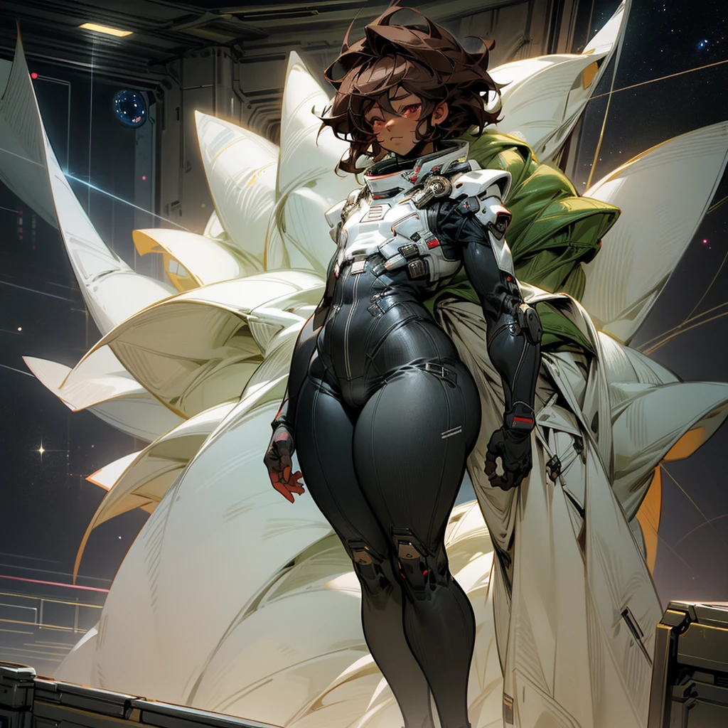 anime boy, crossdresser, 1boy, medium dark brown hair, red eyes, brown skin, wide hips, narrow waist and thick thighs, flustered, brushing, standing in space, flat chest, full body suit, visible bulge, skin tight space green quantum space suit in outer space