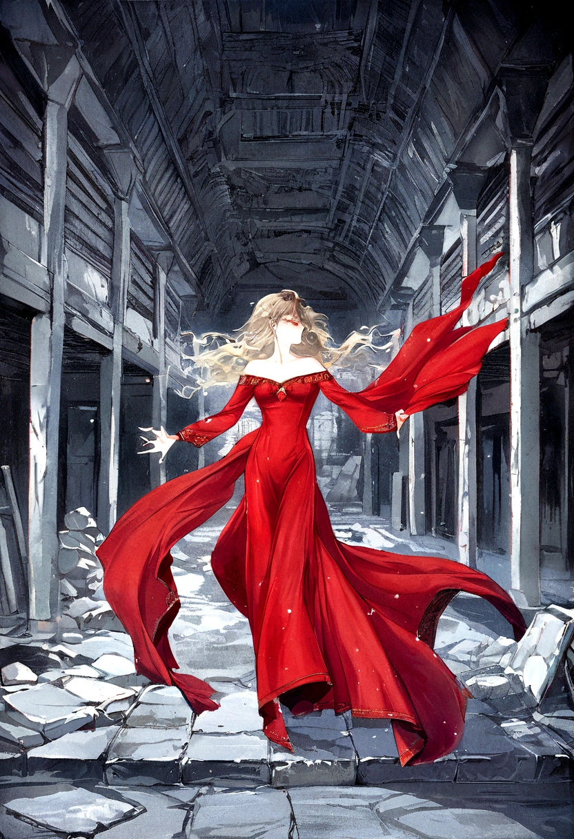 Beautiful girl in red robe, Chinese underground temple, Complex and detailed architecture, floating in the air, weird lights, Spacious and gloomy atmosphere, (best quality,4k,8K,High resolution,masterpiece:1.2),Extremely detailed,(Practical,photoPractical,photo-Practical:1.37),Complex buildings, Gorgeous details, Dramatic Lighting, moody atmosphere, Stunning beauty, flowing red robe, Mysterious ruins, unforgettable existence
