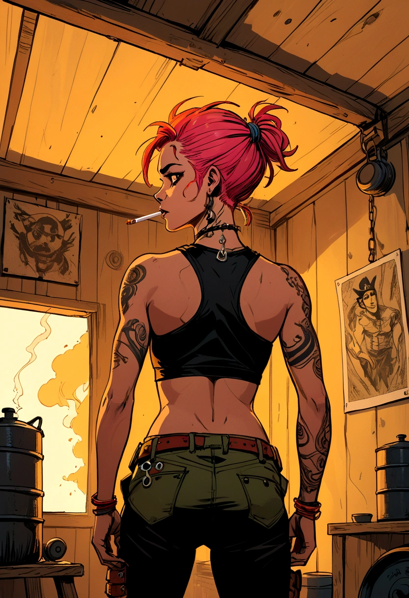 illustrate neon negative color, fiery rich color,  unified dark coloring, minimal rough-sketch unfinished expressive ink figure, Tank Girl (Jamie Hewlett) coloring art style and aesthetics, view from behind Tank Girl doing pull ups nearly touching the ceiling, intricate accurate precise detail of back musculature engaging and tensing during the workout, background quonset hut interior, face turned to the side, sly smile, hand rolled cigarette in mouth, intense, splash panel, cinematic, shifting perspective, dynamic wide dutch angle, ember glow subtle smoke, harsh ink lines, grit, rough sketch aesthetics, punk rock aesthetics and personality, sense of depth, shading, shadows, tank resting in hut
