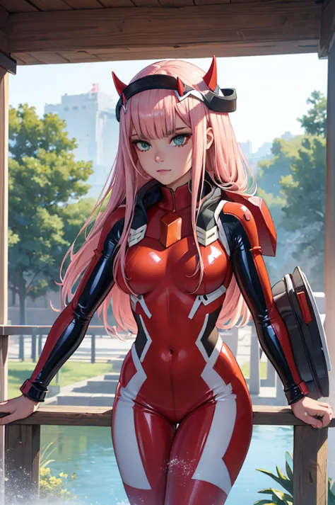 1 chica, ((zero two darling en el franxx)), (((red latex tight pants))), vemos su, she is riding a , inclinado sobre un escritor...