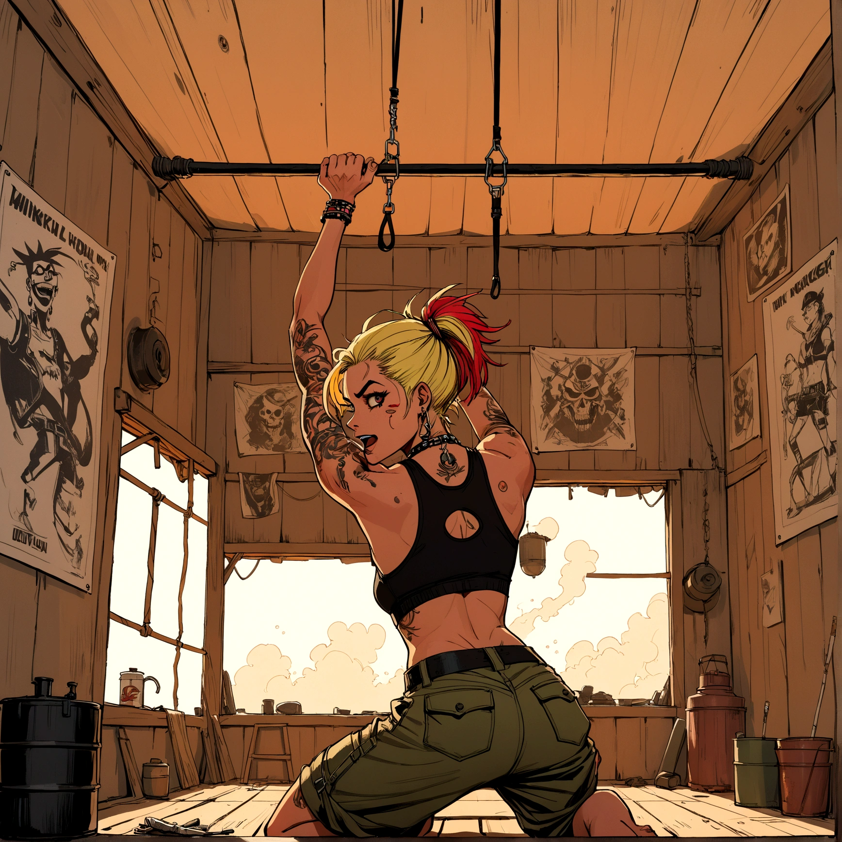 ilustrar esboço mínimo inacabado figura expressiva a tinta, garota tanque (Jamie Hewlett) estilo de arte para colorir e estética, view from behind garota tanque doing pull ups nearly touching the ceiling, detalhes precisos e intrincados da musculatura das costas se envolvendo e tensionando durante o treino, fundo interior da cabana quonset, rosto virado para o lado, sorriso malicioso, cigarro enrolado na boca, intenso, painel inicial, cinematic, mudança de perspectiva, ângulo holandês amplo dinâmico, brilho de brasa fumaça sutil, linhas de tinta ásperas, areia, esboço de estética, estética e personalidade punk rock, sensação de profundidade, sombreamento, sombras, tanque descansando na cabana
