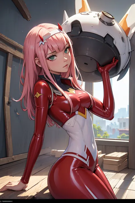 1 chica, ((zero two darling en el franxx)), (((red latex tight pants))), vemos su, she is riding a , inclinado sobre un escritor...