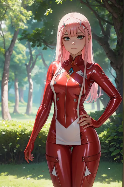 1 chica, ((Zero Two Darling en el Franxx)), (((Red latex tight pants))), Vemos su, She is riding a , inclinado sobre un escritor...