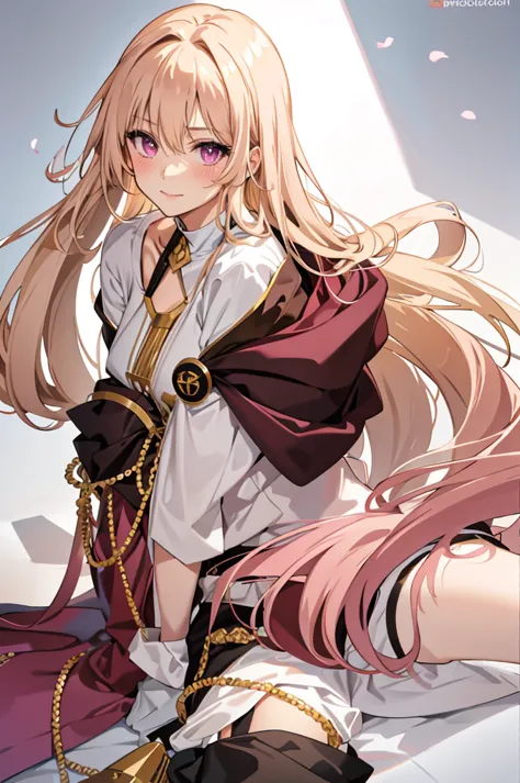 solo, light almond hair, long hair, dark pink eyes, sweet smile, subtle blush, large chest