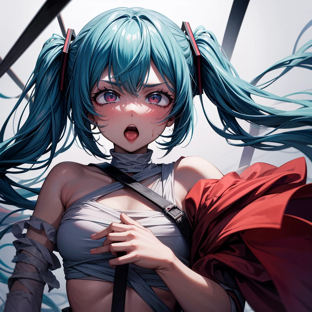 Drooping eyes、Drunk、Ahegao、Twin tails、Blue Hair、Twin tails、blunt bangs、Hatsune Miku、Hatsune Miku、Blue skin and face、masterpiece, highest quality, highest detail, 1 girl, BREAK, horror, (Small injured girl, blood, bleeding, injury), Shining white hair, jewel-like red eyes, anime highlight eyes, scarred clothes, dirty clothes, bloodstained clothes, scarred skin, battle damage, bandaged arms, bandaged legs, (Yandere:1.2), BREAK, The background is a modern hospital, a collapsed hospital, BREAK, movie lighting, action movie poster, dynamic, beautiful girl action actor, motion blur, depth of field, 35mm, Sony FE, 1girl,