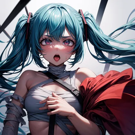 Drooping eyes、Drunk、Ahegao、Twin tails、Blue Hair、Twin tails、blunt bangs、Hatsune Miku、Hatsune Miku、Blue skin and face、masterpiece,...