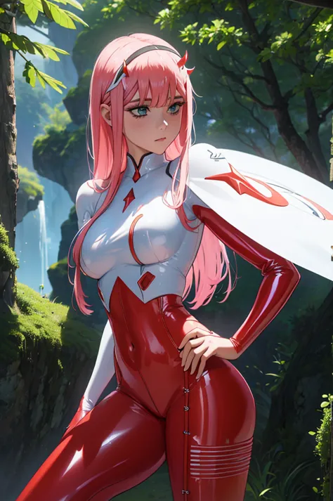 1 chica, ((Zero Two Darling en el Franxx)), (((Red latex tight pants))), Vemos su, She is riding a , inclinado sobre un escritor...