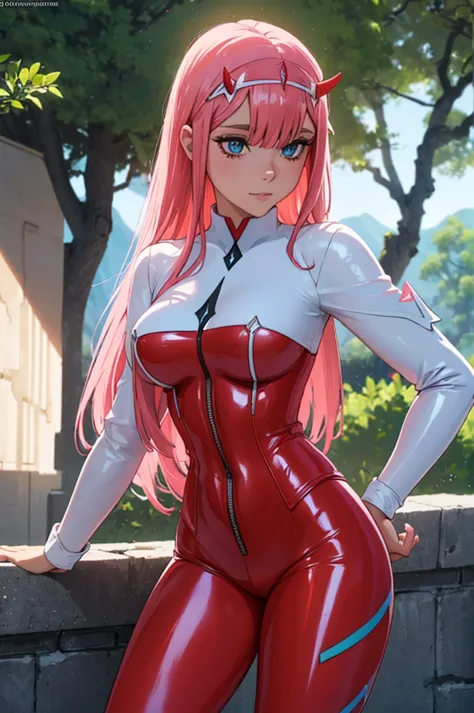 1 chica, ((Zero Two Darling en el Franxx)), (((Red latex tight pants))), Vemos su, She is riding a , inclinado sobre un escritor...