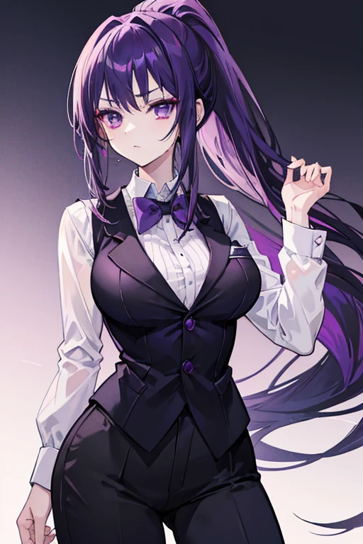 anime girl, dark purple hair, purple eyes with pink, pale skin, wearing a formal suit (black shirt with white vest),with a ponytail in her hair, elegant makeup, big breasts but not that big.