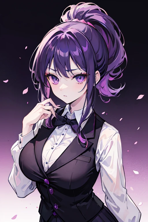 anime girl, dark purple hair, purple eyes with pink, pale skin, wearing a formal suit (black shirt with white vest),with a ponytail in her hair, elegant makeup, big breasts but not that big.