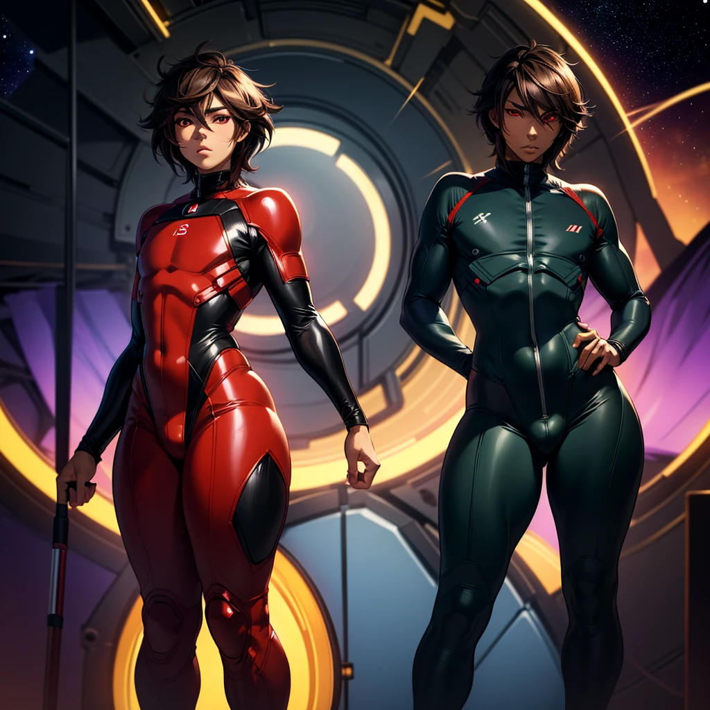 anime boy, crossdresser, 1boy, medium dark brown hair, red eyes, brown skin, wide hips, narrow waist and thick thighs, flustered, brushing, standing in space, flat chest, full body suit, visible bulge, skin tight space green quantum space suit in outer space