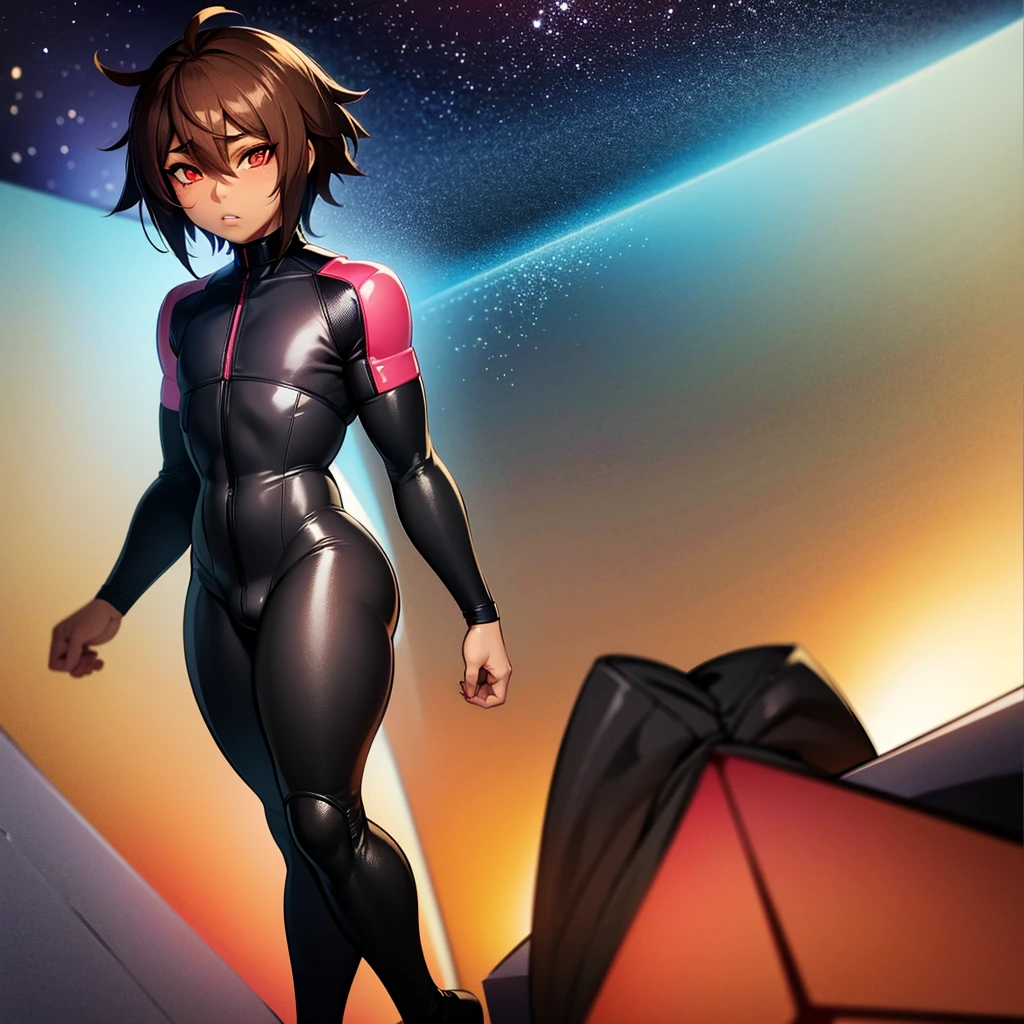 anime boy, crossdresser, 1boy, medium dark brown hair, red eyes, brown skin, wide hips, narrow waist and thick thighs, flustered, brushing, standing in space, flat chest, full body suit, visible bulge, skin tight space green quantum space suit in outer space