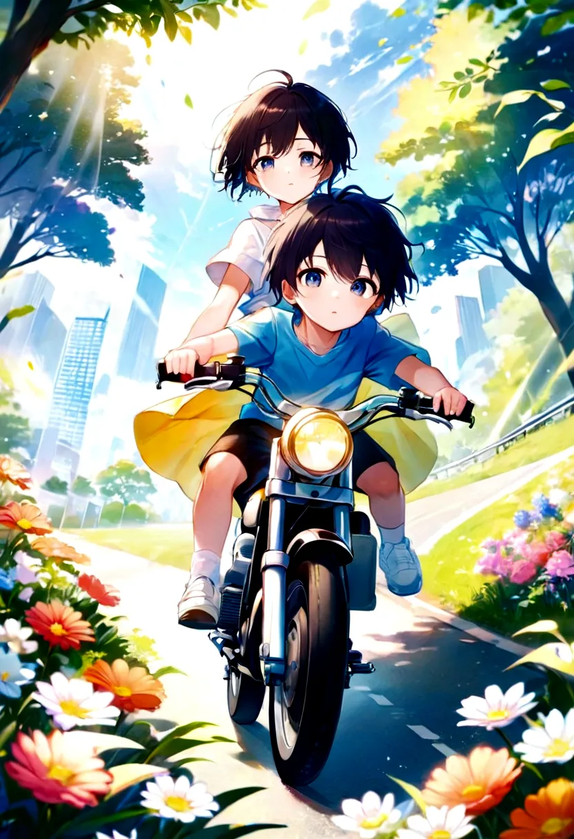 anime boy and girl riding a motorcycle in a park with flowers, from yowamushi pedal, anime cover, guweiz and makoto shinkai, ani...