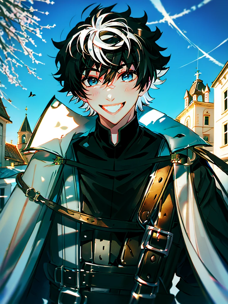 ((absurdres)), hd, uhd, (((HDR))), ((best quality)), (ultra high quality), (hi-res), (cowboy shot), (from above), ((1boy)), charlemagne, black hair, blue eyes, multicolored hair, two-tone hair, ((happy expression)), (smiling), cute, looking at camera, wall, stairs, ((head tilted towards camera)), (dynamic), medieval city, outside, medieval buildings, cobblestone sidewalk, daytime, additional lighting, sunlight on face, noon, bright sun, medieval city scenery, birds, 