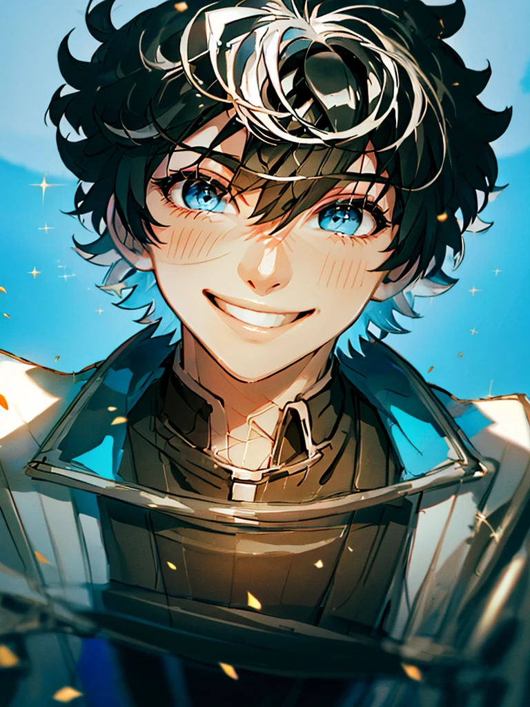 ((absurdres)), hd, uhd, (((HDR))), ((best quality)), (ultra high quality), (hi-res), (cowboy shot), (from above), ((1boy)), charlemagne, black hair, blue eyes, multicolored hair, two-tone hair, ((happy expression)), (smiling), cute, looking at camera, wall, stairs, ((head tilted towards camera)), (dynamic), medieval city, outside, medieval buildings, cobblestone sidewalk, daytime, additional lighting, sunlight on face, noon, bright sun, medieval city scenery, birds, 